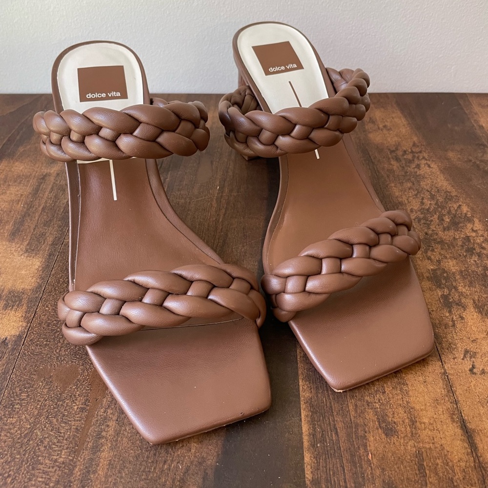 Dolce Vita Paily Square Toe Block Heel Braided Strap Sandal Brown Tan Size 10